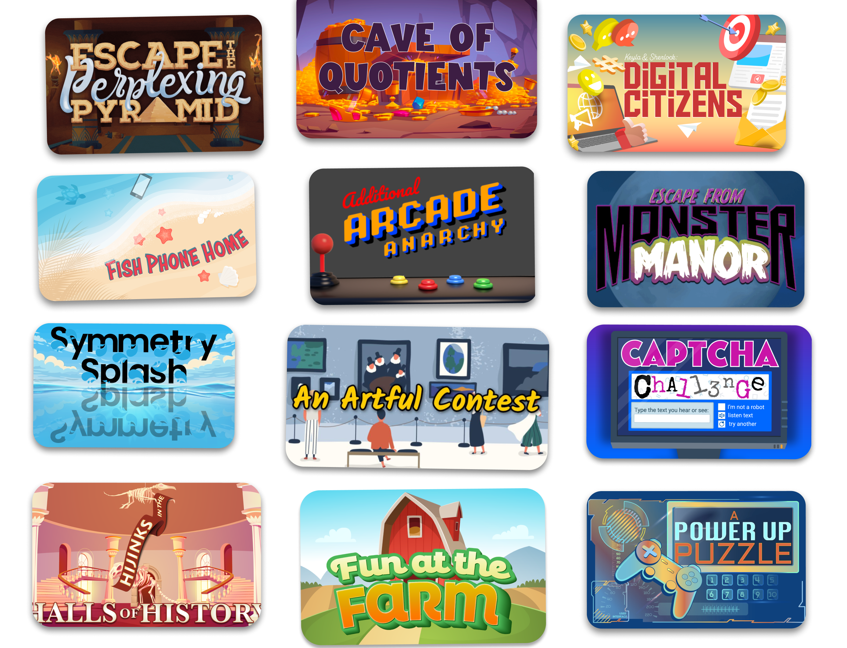 Grid of Breakout EDU game covers, including Escape the Perplexing Pyramid, Cave of Quotients, Digital Citizens, Fish Phone Home, Arcade Anarchy, and Monster Manor